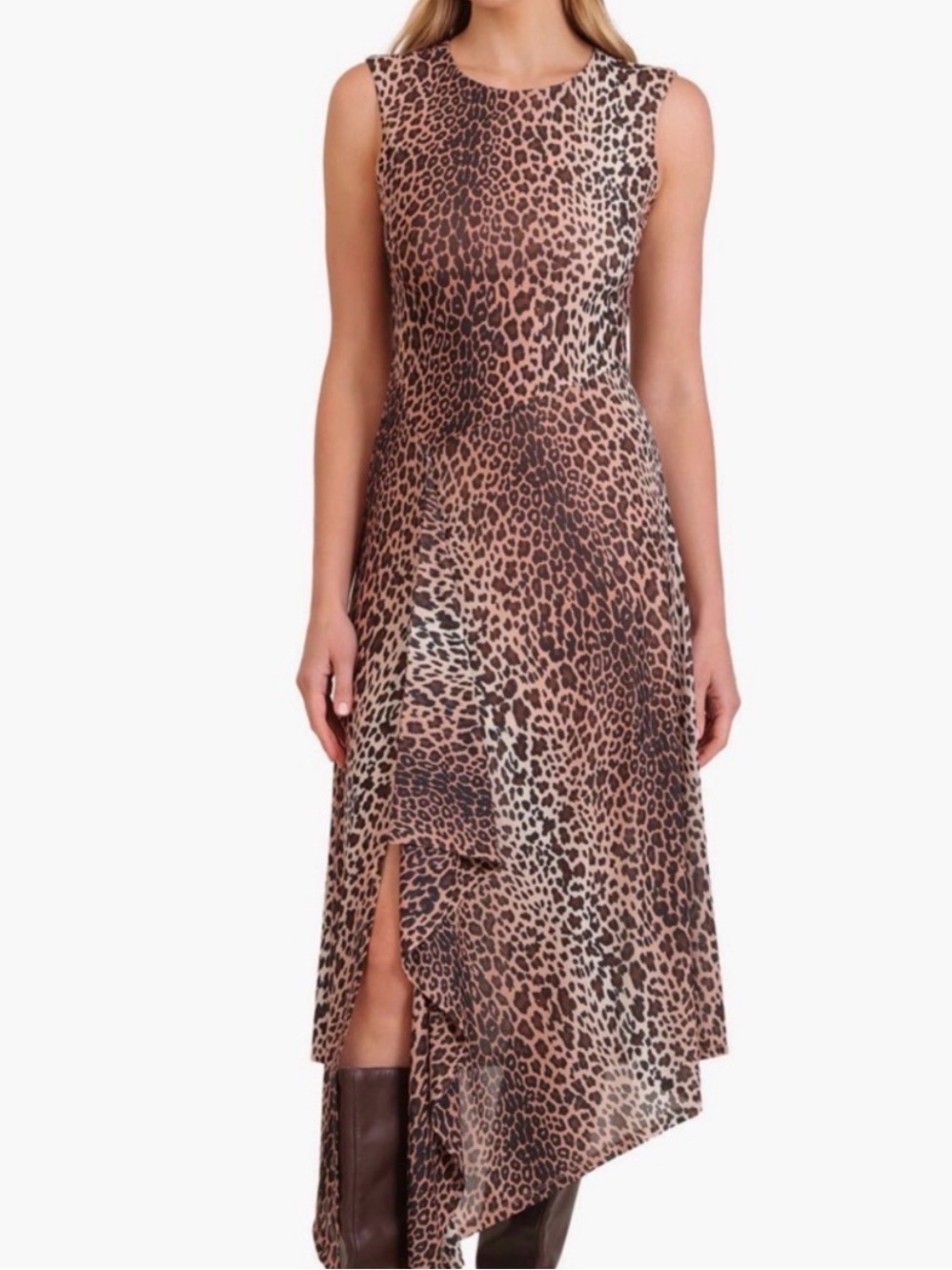 Avec Les Filles Leopard Print Asymmetrical Midi Dress - Brown